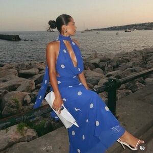 ZARA Blue Polka Dot Halter Backless Maxi w/ Neck Scarf Tie